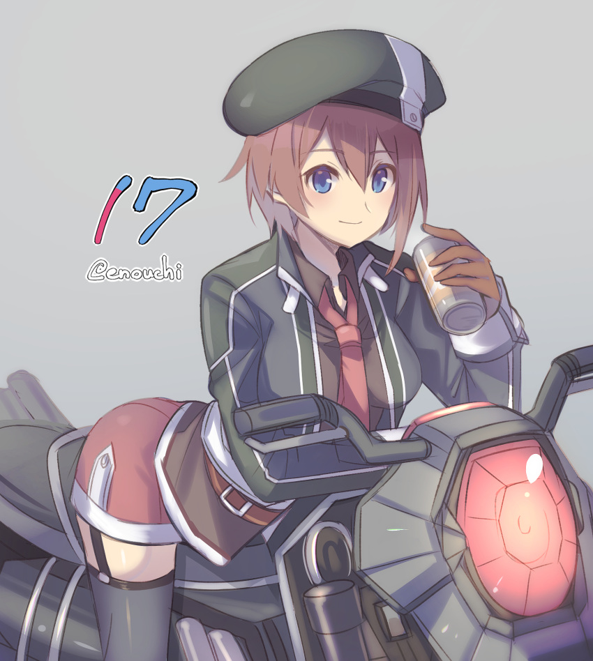 ao_no_kiseki asymmetrical_hair belt beret black_shirt black_thighhighs blue_eyes blush breasts brown_hair can closed_mouth collared_shirt commentary countdown drink eiyuu_densetsu enoki_nai female garter_straps green_hat green_jacket grey_background hair_between_eyes hajimari_no_kiseki hat highres holding holding_drink jacket looking_at_viewer medium_breasts motor_vehicle motorcycle necktie noel_seeker open_clothes open_jacket red_necktie red_shorts shirt short_hair short_shorts shorts simple_background sitting smile solo thighhighs thighs wing_collar zero_no_kiseki zettai_ryouiki