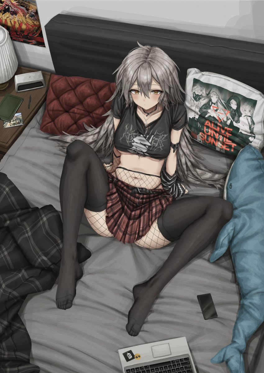 absurdres alty_(arknights) arknights arm_support armband aya_(arknights) bed belt black_thighhighs blush breasts choker clock collarbone commentary commission computer crop_top cropped_shirt cushion dan_(arknights) english_commentary fartooth_(arknights) female fishnet_pantyhose fishnets from_above frost_(arknights) grey_hair high-waist_pantyhose highres ikea_shark indoors lamp laptop lobsteranian long_hair looking_up midriff navel pantyhose plaid plaid_skirt pleated_skirt punk shirt sitting skirt solo spread_legs stuffed_animal stuffed_shark stuffed_toy t-shirt thighhighs thighhighs_over_pantyhose underboob yellow_eyes