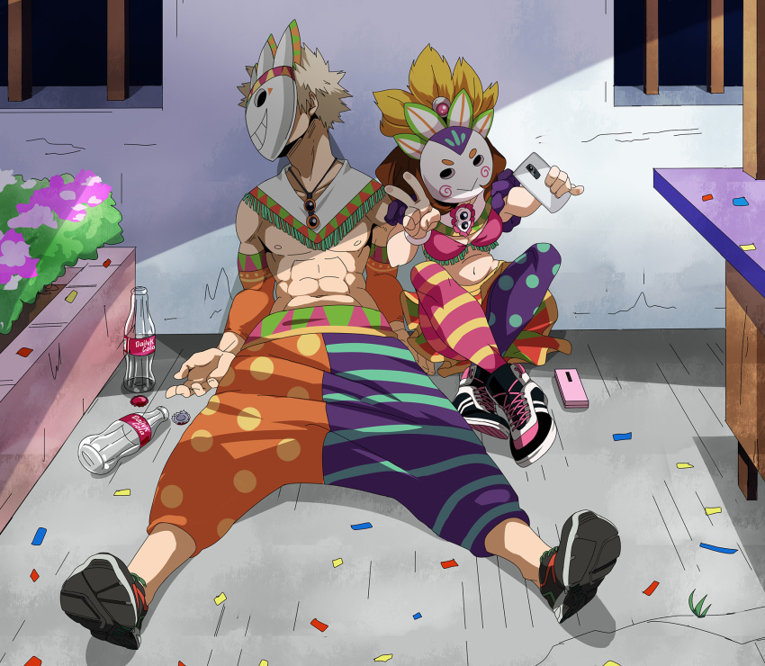 1boy abs against_wall bakugou_katsuki boku_no_hero_academia bottle bottle_cap bra capelet cellphone cola confetti crossed_legs detached_sleeves feathers female frilled_bra frills highres holding holding_phone krumbs_(dailykrumbs) looking_away mask masked navel nipples on_floor orange_legwear outdoors phone photoshop_(medium) pink_legwear plant polka_dot polka_dot_legwear purple_legwear selfie shoes sitting smartphone sneakers spread_legs stomach striped underwear uraraka_ochako v wall window