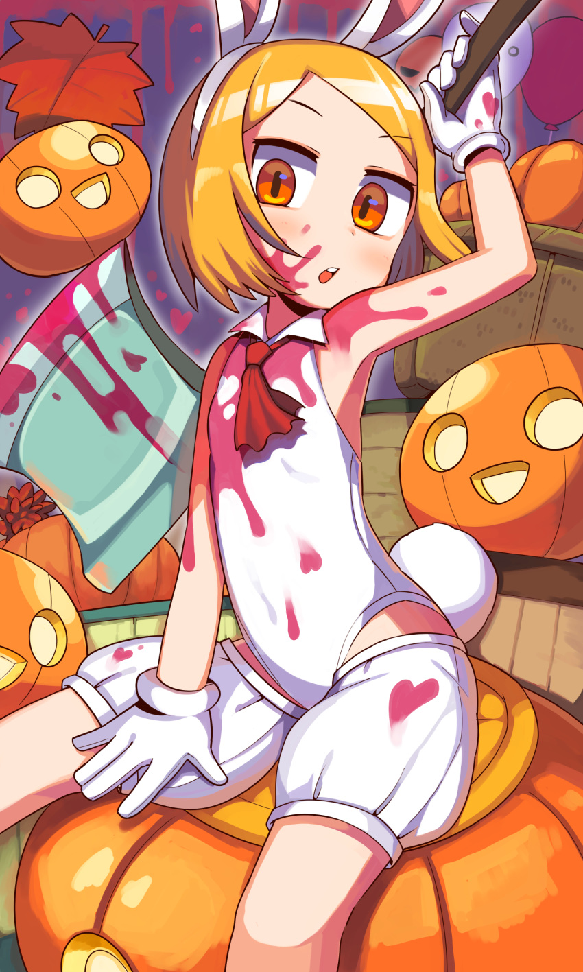 :d absurdres animal_ears ascot autumn_leaves axe balloon basket blonde_hair blood blood_splatter collared_leotard commentary_request fate/grand_order fate_(series) female flat_chest gloves halloween highres holding holding_axe jack-o'-lantern korean_commentary lakilolom leaf looking_at_viewer open_mouth orange_eyes paul_bunyan_(fate) paul_bunyan_(festival_outfit)_(fate) playboy_bunny puffy_shorts pumpkin rabbit_ears rabbit_tail short_hair shorts smile tail teeth