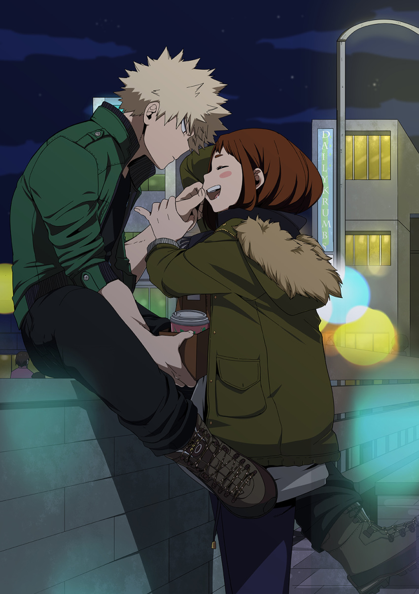 1boy artist_name bakugou_katsuki black_pants black_shirt blonde_hair blue_pants blush_stickers boku_no_hero_academia boots brown_footwear brown_hair building cheek_pinching cheek_pull closed_eyes commentary cross-laced_footwear cup disposable_cup english_commentary female fur-trimmed_jacket fur_trim green_jacket highres holding holding_another's_wrist holding_cup holding_hands hood hooded_jacket jacket krumbs_(dailykrumbs) lace-up_boots lamppost lens_flare looking_at_another night night_sky outdoors pants photoshop_(medium) pinching pocket red_eyes saliva shirt short_hair sidelocks sitting sky spiked_hair straight uraraka_ochako