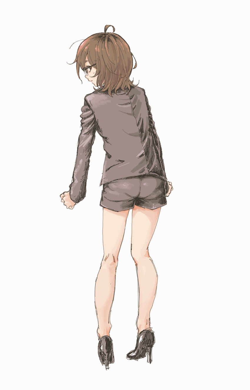 ass brown_hair commentary_request dagashi_kashi female from_behind glasses high_heels highres jacket kotoyama looking_at_viewer medium_hair owari_hajime shorts simple_background solo white_background