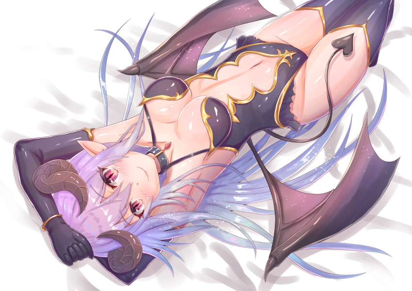 armpits arms_up bare_shoulders bed_sheet black_gloves black_leotard black_thighhighs bracelet breasts center_opening choker cleavage closed_mouth cocoasabure collarbone commentary_request demon_girl demon_horns demon_tail demon_wings elbow_gloves female gloves halterneck highres horns jewelry leotard light_purple_hair long_hair looking_at_viewer lying medium_breasts navel on_back original pointy_ears purple_eyes sidelocks slit_pupils smile solo stomach tail thighhighs thighs very_long_hair wings