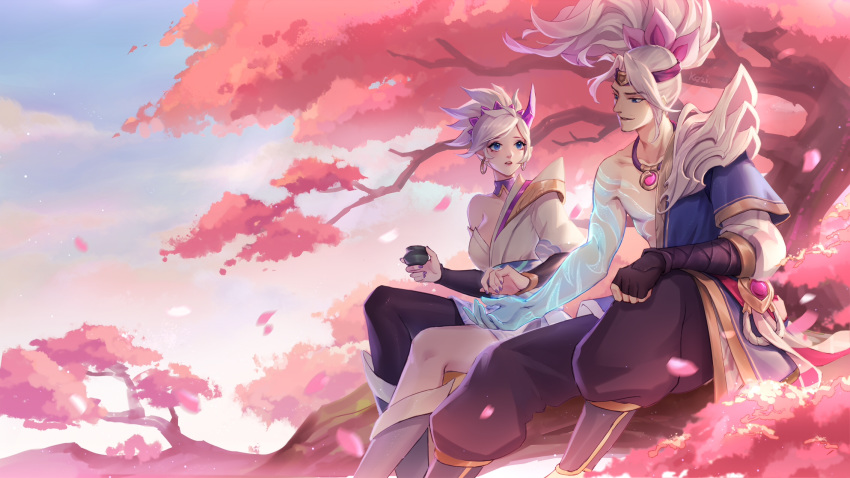 1boy armor asymmetrical_clothes bare_shoulders blue_eyes breasts cherry_blossoms choker earrings female highres in_tree jewelry kezi league_of_legends medium_breasts necklace riven_(league_of_legends) short_hair shoulder_armor sitting sitting_in_tree spirit_blossom_(league_of_legends) spirit_blossom_riven spirit_blossom_yasuo tree white_hair yasuo_(league_of_legends)