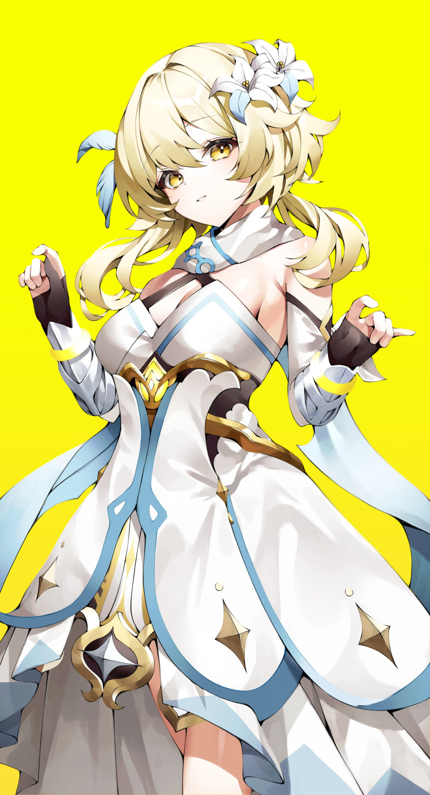 absurdres bare_shoulders blonde_hair blush breasts commentary detached_sleeves dress female flower genshin_impact hair_between_eyes hair_flower hair_ornament highres indol looking_at_viewer lumine_(genshin_impact) short_hair_with_long_locks smile white_dress yellow_eyes