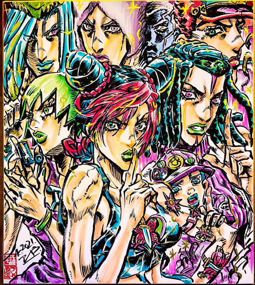 3girls 5boys alternate_hair_color arm_tattoo armband ashiya_kouhei baseball_cap blue_eyes blue_hair blue_lips bracelet braid braided_bun braided_ponytail butterfly_tattoo clenched_teeth commentary_request dated double_bun dreadlocks emporio_alnino enrico_pucci ermes_costello eyes_visible_through_hair facial_mark finger_cannon finger_to_mouth fingernails foo_fighters_(jojo) foo_fighters_(stand) green_eyes green_hair green_headwear green_lips green_nails hair_bun hand_up hat highres index_finger_raised jewelry jojo_no_kimyou_na_bouken kujo_jolyne kujo_jotaro long_hair looking_at_viewer multiple_boys multiple_girls narciso_anasui pink_hair purple_eyes purple_headwear purple_lips red_hair red_headwear red_lips seal_impression short_hair shushing signature sleeveless stone_ocean tattoo teeth very_short_hair weather_report white_hair