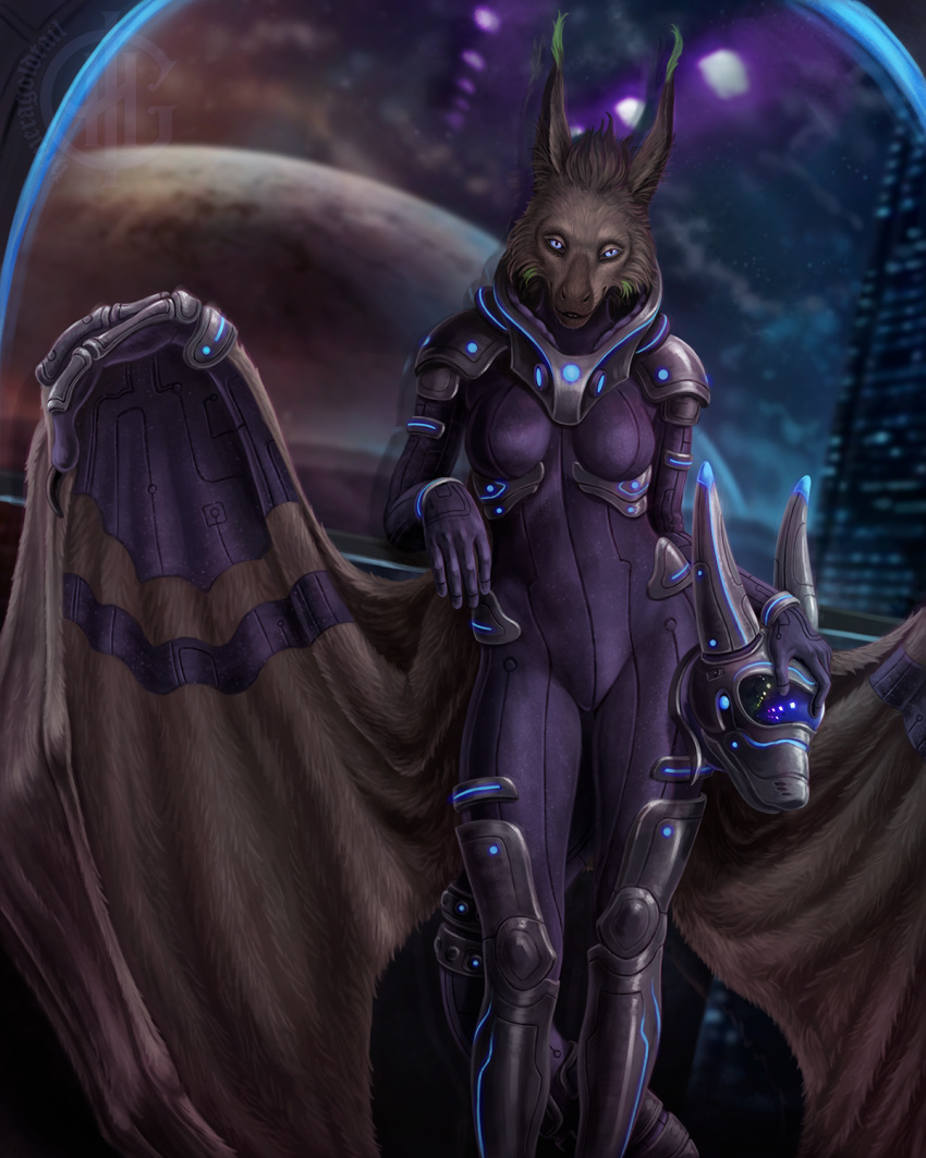 2022 4:5 anthro arm_support armor artist_logo artist_name blue_eyes blurred_background breasts brown_body brown_fur brown_wings building cheek_tuft clothed clothing dragon ear_tuft european_mythology exposure_variation facial_tuft female front_view fur furred_dragon furred_scalie furred_wings head_tuft headgear helmet hi_res himeragoldtail holding_armor holding_headgear holding_helmet holding_object leaning_on_elbow logo looking_at_viewer medium_breasts membrane_(anatomy) membranous_wings mythological_creature mythological_scalie mythology orbit planet reptile salvatrix scalie smile solo space space_station spacesuit standing tail tuft western_dragon window wings