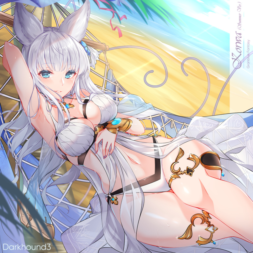 animal_ears arm_up armpits artist_name beach bikini blue_eyes blue_nails blush breasts character_name cleavage collar commentary copyright_name dark_hound_3 day erune female fingernails granblue_fantasy highres korwa korwa_(summer)_(granblue_fantasy) long_hair looking_at_viewer lying medium_breasts nail_polish navel ocean official_alternate_costume on_back outdoors parted_lips shiny_skin simple_background smile solo stomach swimsuit thighs white_hair