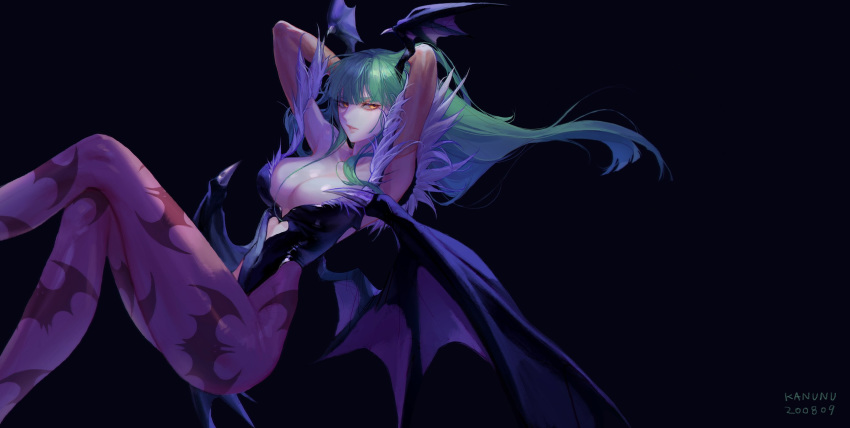 animal_print armpits arms_behind_head bat_print bat_wings black_background breasts cleavage clothing_cutout covered_navel crossed_legs demon_girl elbow_gloves female gloves green_hair head_wings heart_cutout highleg highleg_leotard highres kim_hana large_breasts leotard long_hair looking_at_viewer morrigan_aensland open_mouth pantyhose parted_lips print_pantyhose purple_pantyhose simple_background skin_tight solo thighs thong_leotard vampire_(game) wings yellow_eyes