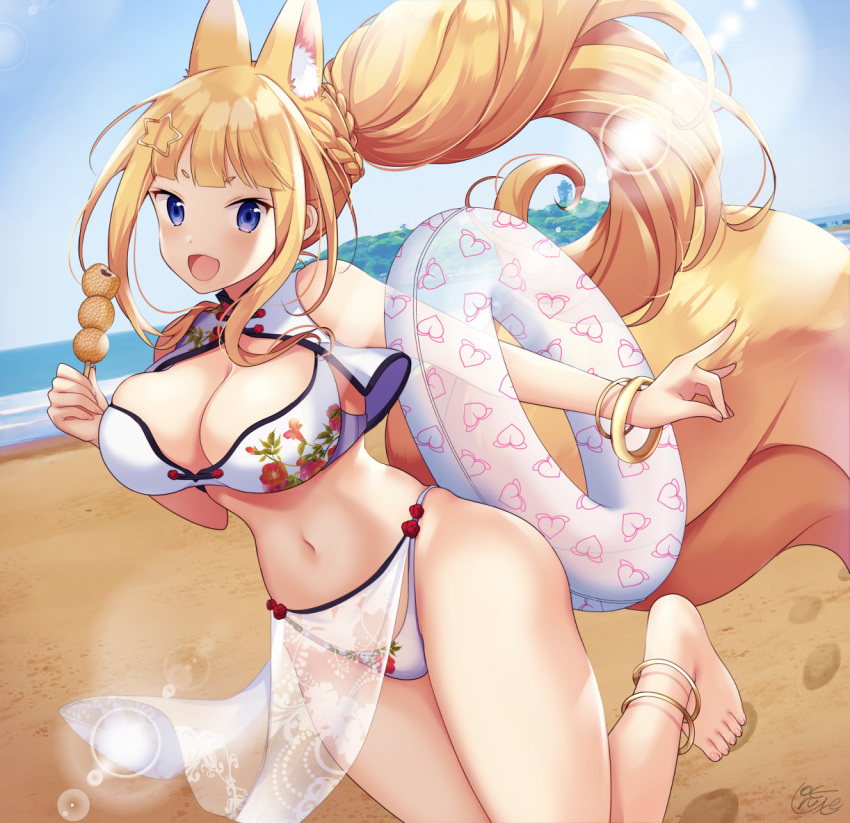 :d animal_ear_fluff animal_ears anklet barefoot beach bikini blonde_hair blue_eyes blue_sky blush bracelet braid breasts cleavage cloud day female floral_print food fox_ears fox_girl fox_shadow_puppet fox_tail hair_ornament highleg highleg_bikini innertube jewelry large_breasts long_hair looking_at_viewer miyano_ururu navel ocean open_mouth original outdoors ponytail short_eyebrows sky smile solo star_(symbol) star_hair_ornament swim_ring swimsuit tail water white_bikini