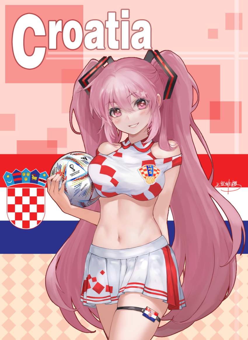 2022_fifa_world_cup al_rihla alternate_costume alternate_hair_color ball breast_press breasts clothing_cutout commentary_request cowboy_shot croatia croatian_flag crop_top female hatsune_miku highres holding holding_ball jokanhiyou large_breasts linea_alba long_hair looking_at_viewer midriff miniskirt navel pleated_skirt shoulder_cutout skindentation skirt smile soccer soccer_ball solo standing thigh_strap thighs twintails very_long_hair vocaloid world_cup