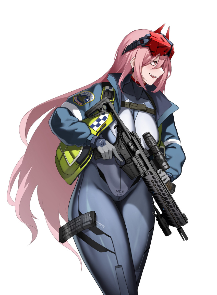 absurdres assault_rifle blue_jacket bodysuit breasts cero_(last2stage) chest_strap commission covered_collarbone earrings english_commentary female girls'_frontline gun hair_between_eyes high-visibility_vest highres holding holding_gun holding_magazine_(weapon) holding_weapon jacket jewelry large_breasts long_hair looking_to_the_side magazine_(weapon) metropolitan_police_service official_alternate_costume pink_hair police police_uniform red_eyes reloading rifle scope sidelocks sig_mcx sig_mcx_(crimson_meteor)_(girls'_frontline) sig_mcx_(girls'_frontline) sig_sauer skin_tight solo spade_(shape) spade_earrings strap text_print thighs trigger_discipline uniform very_long_hair visor_(armor) weapon white_background