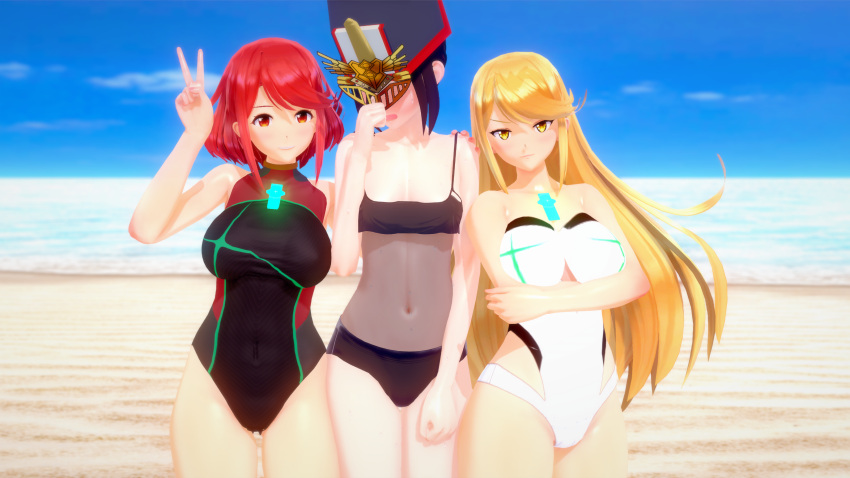 3d 3girls annoyed bangs beach big_boobs big_breasts bikini bikini_bottom bikini_top black_hair blonde blonde_hair blonde_hair_female boobs breasts closed_mouth core_crystal dark_hair dume embarrassed embarrassed_nude_female enf female female_focus female_only headwear humiliated humiliation koikatsu leotard light-skinned_female light_skin long_hair looking_at_viewer looking_away monolith_soft morag_ladair mythra nintendo open_mouth outdoors outside peace_sign pyra red_eyes red_hair seaside short_hair skindentation small_breasts swimsuit swimwear xenoblade_(series) xenoblade_chronicles_2 yellow_eyes