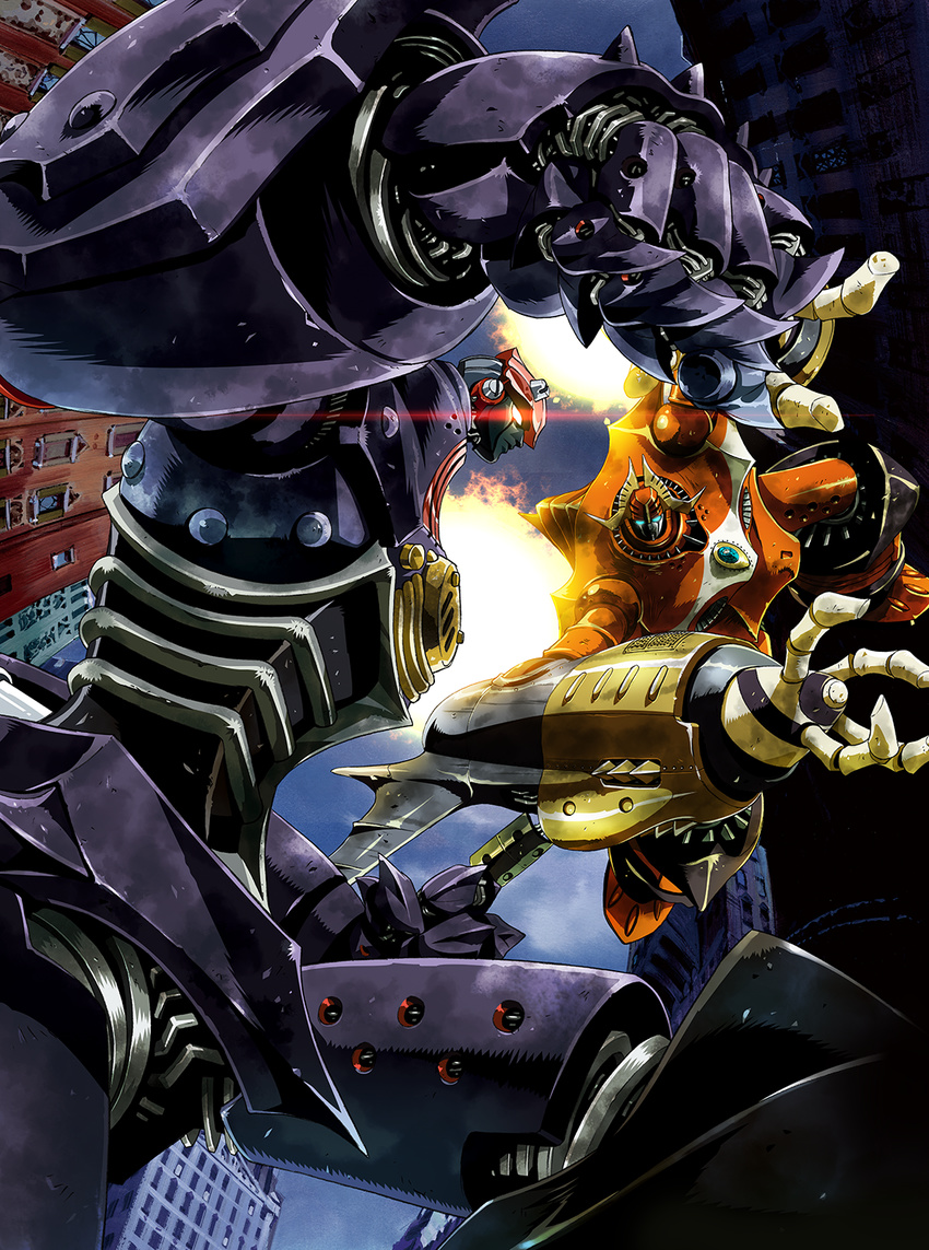 bad_id bad_pixiv_id battle big_duo big_o_(mecha) clenched_hand commentary_request foreshortening glowing glowing_eyes highres mecha no_humans platin_(alios) robot super_robot the_big_o thrusters