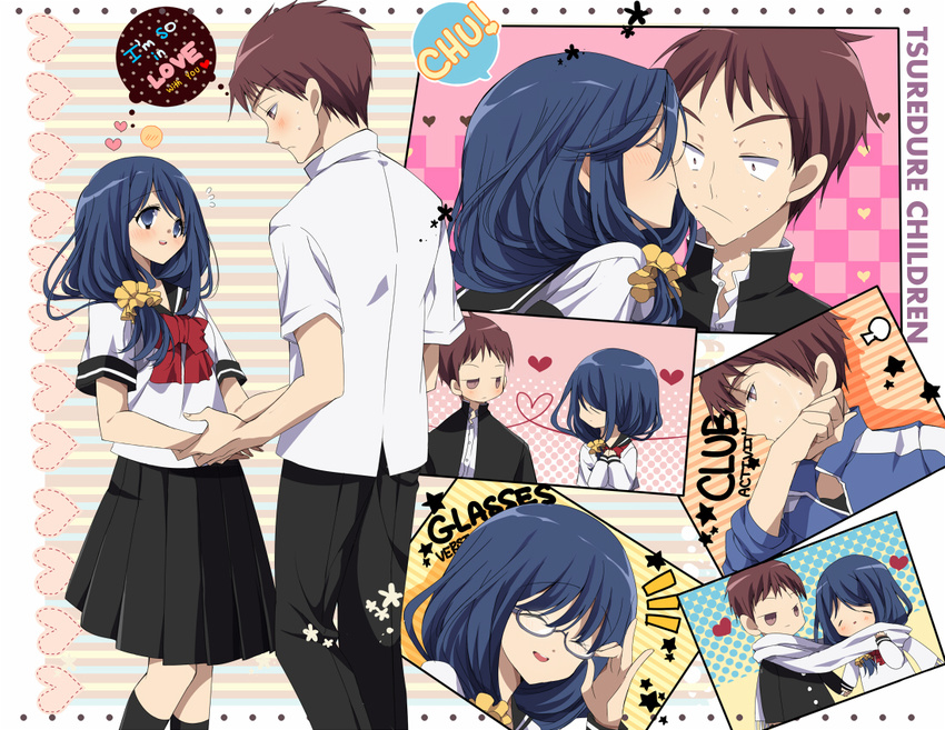 1boy blue_hair brown_hair commentary_request couple female glasses gouda_takeru heart heart_of_string jacket janirotluvx jitome kamine_ayaka kissing kissing_cheek long_hair scarf school_uniform scrunchie serafuku shared_clothes shared_scarf short_hair skirt straight sweat track_jacket tsurezure_children