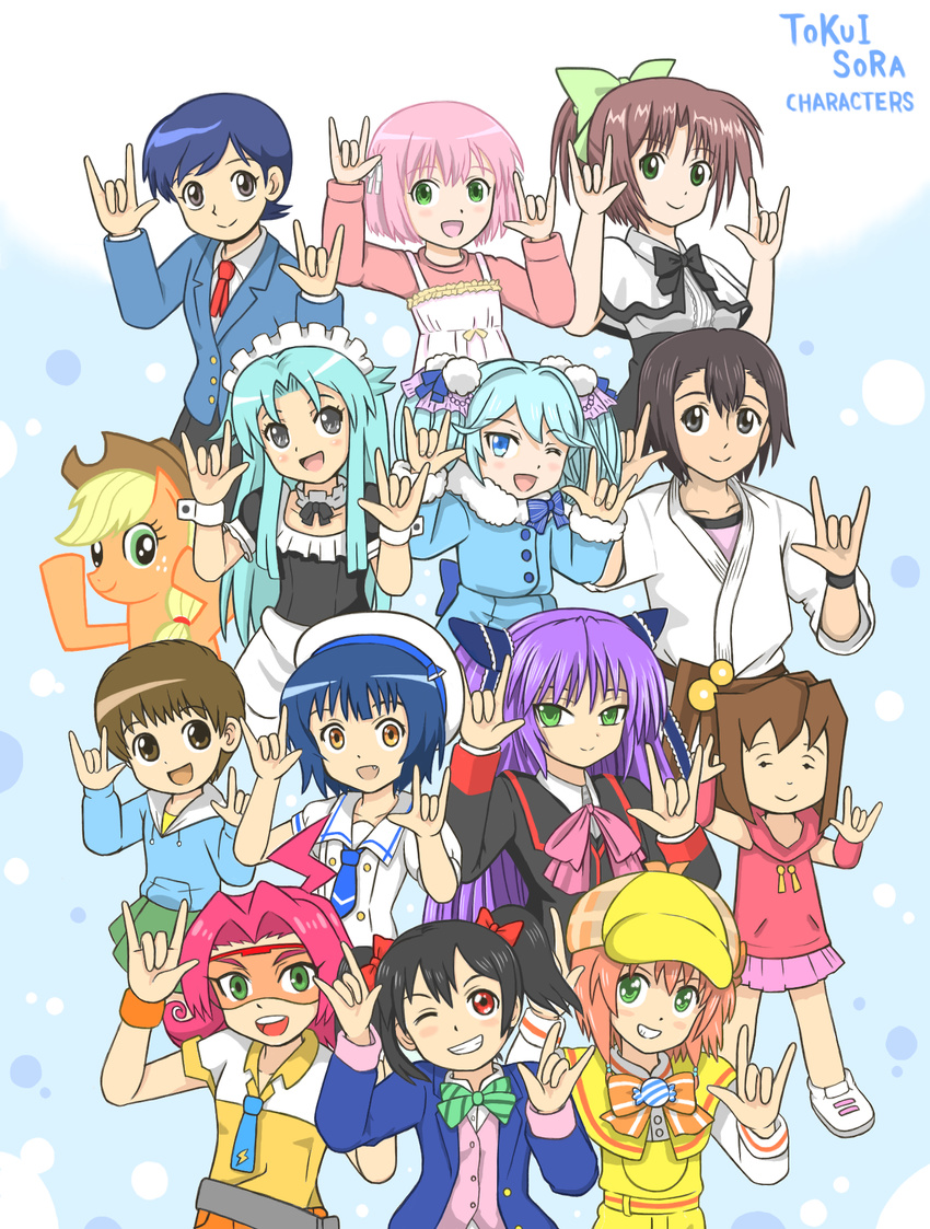 6+girls :d a01-isumi1013 applejack_(mlp) aqua_hair ariella_lu arms_up black_hair blazer blonde_hair blue_bow blue_hair blue_neckwear blush bow bowtie brown_eyes brown_hair brown_hat chitose_get_you!! chou-bakuretsu_ijigen_menko_battle_gigant_shooter_tsukasa collarbone commentary_request cowboy_hat daitoku_junna danchigai fantasista_doll fur_trim future_card_buddyfight gochuumon_wa_usagi_desu_ka? green_bow green_eyes green_neckwear green_skirt grin hairbow haiyore!_nyaruko-san hands_up hat highres jacket jouga_maya juuoumujin_no_fafnir katia_(fantasista_doll) koide_miruko kyoukai_no_rinne lightning_bolt_symbol little_busters! long_hair long_sleeves looking_at_viewer love_live! love_live!_school_idol_project maid_headdress miho_(kyoukai_no_rinne) misaki_(chitose_get_you!!) multiple_girls my_little_pony my_little_pony:_friendship_is_magic nakano_uzuki nanana_paruko neck_ribbon necktie nico_nico_nii oerba_yun_fang one_eye_closed open_mouth pink_bow pink_bowtie pink_hair pink_skirt pleated_skirt ponytail red_bow red_eyes red_ribbon ribbon robotics;notes sailor_hat sasasegawa_sasami shantak_(nyaruko-san) short_hair short_sleeves skirt sleeveless smile striped_bow striped_bowtie striped_clothes tantei_opera_milky_holmes tokui_sora twintails two_side_up voice_actor_connection yazawa_nico yuzurizaki_nero