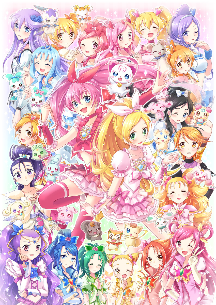 6+girls akimoto_komachi annotated aono_miki black_choker black_hair blonde_hair blue_choker blue_eyes blue_flower blue_hair blue_rose blue_skirt blue_wrist_cuffs bow brooch butterfly_brooch butterfly_hair_ornament chiffon_(fresh_precure!) choker choppy chypre_(heartcatch_precure!) coco_(yes!_precure_5) coffret_(heartcatch_precure!) cologne_(heartcatch_precure!) commentary_request cone_hair_bun cure_aqua cure_berry cure_black cure_bloom cure_blossom cure_dream cure_egret cure_lemonade cure_marine cure_melody cure_mint cure_moonlight cure_passion cure_peach cure_pine cure_rhythm cure_rouge cure_sunshine cure_white everyone flappy_(futari_wa_precure) flower foop fresh_precure! futari_wa_precure futari_wa_precure_max_heart futari_wa_precure_splash_star green_eyes green_hair hair_bun hair_flower hair_ornament hairband half_updo hanasaki_tsubomi heart heart_brooch heart_hair_ornament heartcatch_precure! higashi_setsuna high_ponytail highres houjou_hibiki hummy_(suite_precure) hyuuga_saki in-franchise_crossover jewelry kasugano_urara_(yes!_precure_5) kuguri_oimo kujou_hikari kurumi_erika long_hair lulun magical_girl mepple milk_(yes!_precure_5) milky_rose mimino_kurumi minamino_kanade minazuki_karen mipple mishou_mai misumi_nagisa momozono_love moop multiple_girls myoudouin_itsuki natsuki_rin nuts_(yes!_precure_5) orange_bow orange_choker pink_bow pink_choker pink_eyes pink_flower pink_hair pink_rose pink_wrist_cuffs ponytail porun potpourri_(heartcatch_precure!) precure precure_all_stars purple_eyes purple_hair rose shiny_luminous short_hair skirt suite_precure syrup_(yes!_precure_5) tart_(fresh_precure!) thighhighs tsukikage_yuri twintails two_side_up white_choker wrist_cuffs yamabuki_inori yellow_eyes yes!_precure_5 yes!_precure_5_gogo! yukishiro_honoka yumehara_nozomi