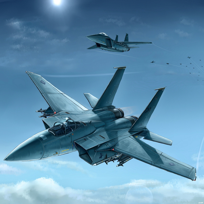 ace_combat ace_combat_6 afterburner aim-120_amraam aim-9_sidewinder aircraft airplane blue_sky cloud commentary_request contrail day f-15_eagle fighter_jet flying helmet highres jet kcme marcus_lampert military military_vehicle missile no_humans pilot pilot_suit realistic roundel sky sun talisman_(ace_combat) vehicle_focus