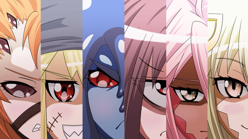 6+girls ahoge arachne arthropod_girl backbeard_(monster_musume) bandana black_slime_(monster_musume) blonde_hair blue_hair blue_skin brown_eyes brown_hair close-up colored_skin column_lineup cyclops dark-skinned_female dark_skin dragon_girl echidna_(monster_musume) extra_eyes feisty_(drawfag) frown grin hair_ornament hairclip lamia large_breed_(monster_musume) long_hair mermaid monster_girl monster_musume_no_iru_nichijou multiple_girls one-eyed orange_hair parody pink_hair red_eyes scales scar scar_on_face shark_race_(monster_musume) sharp_teeth slime_girl slit_pupils smile spider_girl split_crop stitches taur teeth wyvern_(monster_musume) yellow_eyes