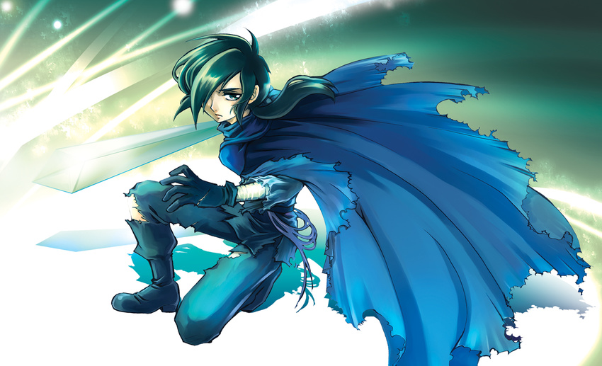 1boy cape fakir full_body gradient gradient_background male male_focus princess_tutu solo sword weapon