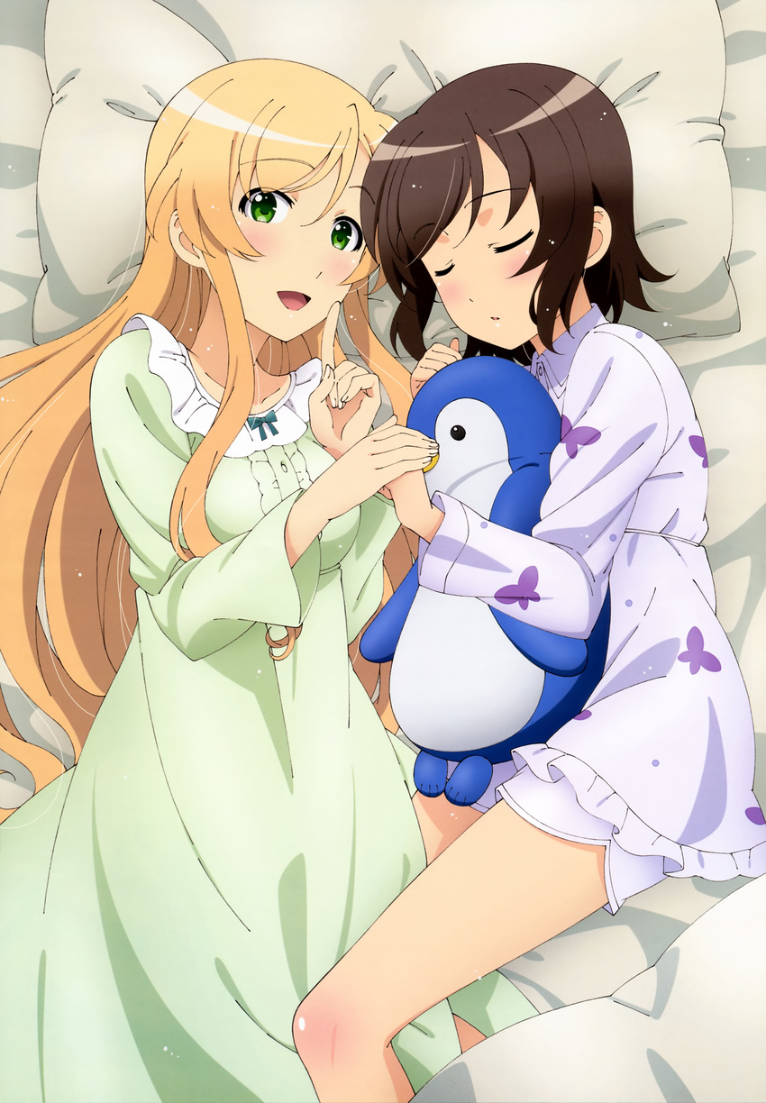 2girls absurdres bird blonde_hair brown_hair closed_eyes futsuu_no_joshikousei_ga_locodol_yattemita highres kohinata_yukari legs long_hair lying multiple_girls nyantype official_art on_side pajamas penguin stuffed_animal stuffed_penguin stuffed_toy usami_nanako very_long_hair yuri