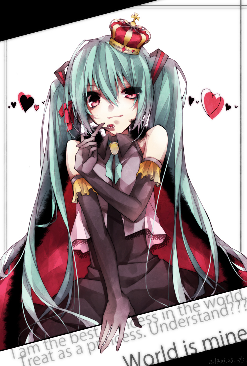 0731sa aqua_hair bare_shoulders black_gloves commentary_request crown dated elbow_gloves english_text female gloves hatsune_miku headset heart highres long_hair pink_eyes solo twintails vocaloid world_is_mine_(vocaloid)