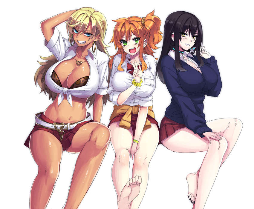 >:) 3girls :d absurdres amesuku_gyaru artistic_error barefoot black_hair black_nails blue_eyes bow bowtie breasts cardigan choker cleavage clothes_around_waist commentary_request crop_top cross earrings feet front-tie_top greek_toe green_eyes grin gyaru hair_between_eyes heart heart_necklace highres hirakawa_natsumi_(jk_bitch_sannin_musume!) hoop_earrings jacket jacket_around_waist jewelry jk_bitch_sannin_musume! kogal large_breasts long_hair looking_at_viewer miniskirt multiple_girls nail_polish navel necklace nishizawa_shizuku open_mouth orange_hair pleated_skirt red_bow red_bowtie red_skirt sasamori_anna school_uniform scrunchie shirt side_ponytail sidelocks sitting skirt smile soles stomach tan tied_shirt toenail_polish toenails toes v-shaped_eyebrows white_shirt whoosaku wrist_scrunchie wrong_foot yellow_eyes