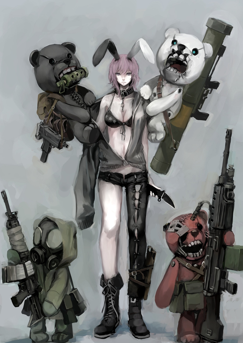 animal_ears assault_rifle asymmetrical_legwear bikini bikini_top_only combat_knife commentary_request female fgm-148_javelin gas_mask gun highres holster jittsu knife light_machine_gun long_hair m249 m4_carbine machine_gun mask original rabbit_ears rifle shorts stuffed_animal stuffed_toy submachine_gun swimsuit teddy_bear uneven_legwear uzi weapon