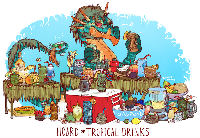 2015 4_fingers alcohol ambiguous_gender appliance bacardi bendy_straw beverage blender_(machine) bottle bowl cherry claws cocktail_glass cocktail_shaker coconut container cooler cup digital_drawing_(artwork) digital_media_(artwork) dragon drinking_glass drinking_straw drupe_(fruit) english_text eyewear feral fingers food front_view fruit fruit_slice fur furniture furred_dragon furred_scalie glass glass_container glass_cup glasses hoard holding_container holding_cup holding_food holding_object horn iguanamouth kitchen_appliance long_tail mythological_creature mythological_scalie mythology papaya_(fruit) passion_fruit plant rum scalie semi-anthro signature simple_background solo starfruit straw_(disambiguation) table tail teal_body teal_scales text white_background