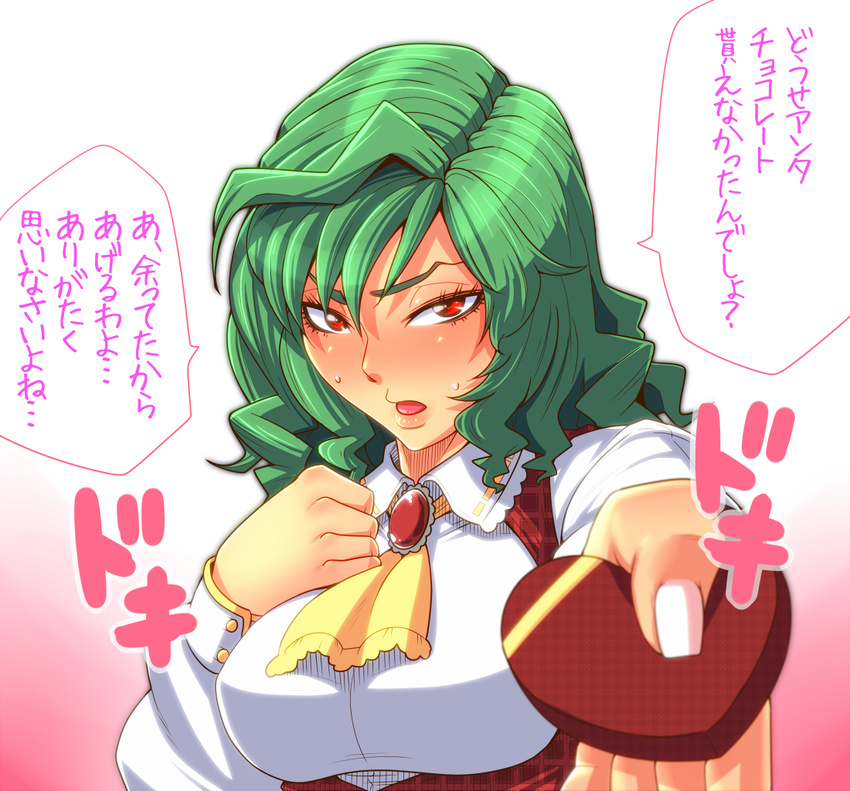 bad_id bad_pixiv_id blush chocolate female green_hair heart kamina_koharu kazami_yuuka red_eyes short_hair solo touhou translation_request upper_body valentine