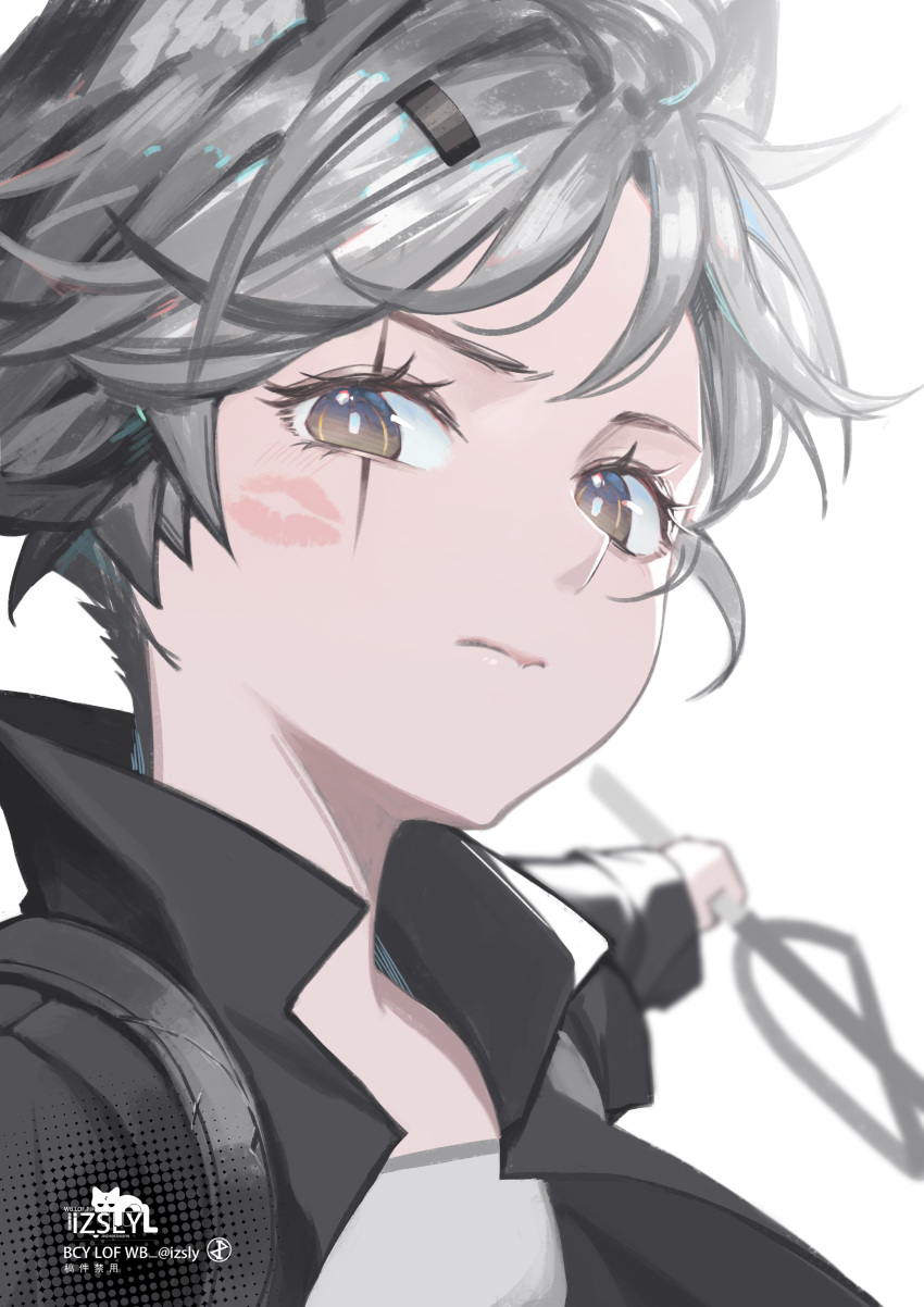 absurdres alternate_hair_length alternate_hairstyle arknights artist_logo artist_name artistic_error black_jacket blurry brown_eyes commentary_request depth_of_field female grey_hair hair_ornament highres holding holding_sword holding_weapon izsly jacket lappland_(arknights) lipstick_mark looking_at_viewer open_clothes open_jacket portrait reversed scar scar_across_eye scar_on_face shirt short_hair simple_background solo sword twitter_username upper_body weapon white_background white_shirt