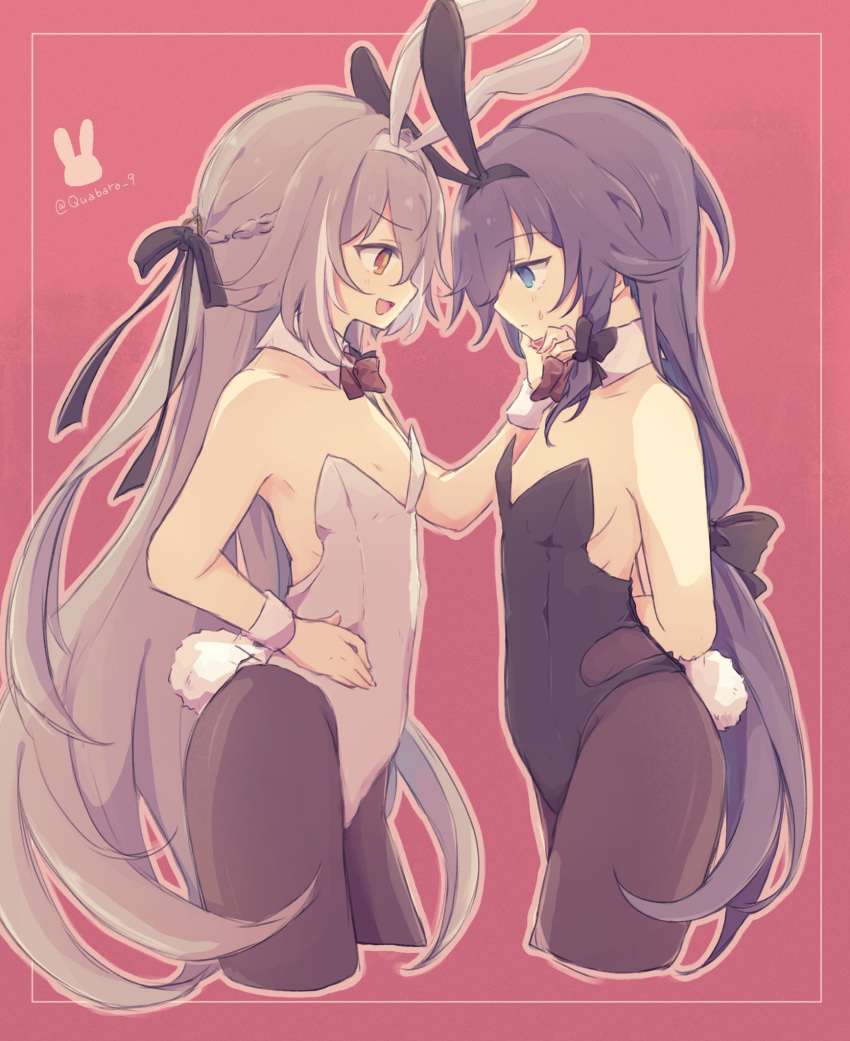 2girls animal_ears bare_shoulders black_hair black_hairband black_leotard blue_eyes bow bowtie breasts brown_bow brown_bowtie brown_eyes brown_hair brown_outline brown_pantyhose collar commentary cropped_legs detached_collar fake_animal_ears fu_hua fu_hua_(herrscher_of_sentience) hair_between_eyes hairband highres honkai_(series) honkai_impact_3rd konoquro leotard long_hair looking_at_another looking_down multiple_girls pantyhose playboy_bunny rabbit_ears rabbit_tail red_background small_breasts strapless strapless_leotard tail twitter_username very_long_hair white_collar white_hairband white_leotard wing_collar