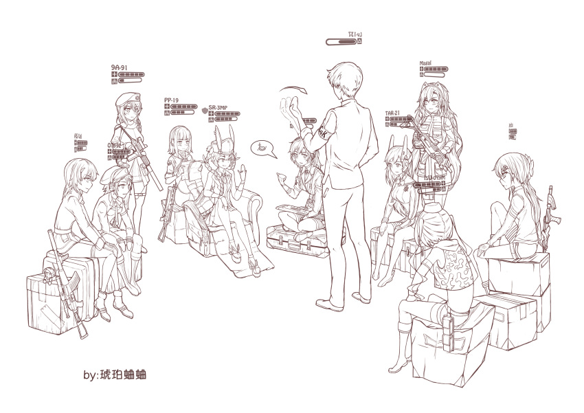 1boy 6+girls 9a-91 9a-91_(girls'_frontline) absurdres acog ammunition artist_request as_val as_val_(girls'_frontline) assault_rifle beret box bullpup cane character_name chinese_text commander_(girls'_frontline) couch girls'_frontline gun hat headphones health_bar hexagram highres iwi_tavor iwi_x95 jericho_(girls'_frontline) jewelry kalashnikov_rifle magal_(girls'_frontline) meeting multiple_girls ornate_ring ots-12_(girls'_frontline) pp-19_(girls'_frontline) pp-19_bizon rifle ring short_hair sitting speech_bubble sr-3mp_(girls'_frontline) star_of_david submachine_gun suitcase tar-21_(girls'_frontline) very_short_hair weapon wedding_ring x95_(girls'_frontline)