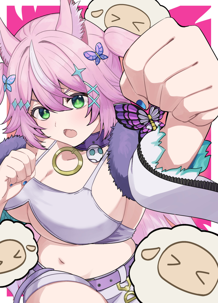 :o absurdres animal_ear_fluff animal_ears belt blue_nails blush breasts butterfly_hair_ornament cleavage clenched_hands clothing_cutout collar fangs female foreshortening fox_ears fox_girl fox_tail green_eyes hair_ornament highres huge_breasts incoming_attack incoming_punch long_hair looking_at_viewer multicolored_hair nail_polish navel nijisanji nijisanji_kr open_mouth pink_hair punching purple_belt purple_collar sidelocks solo sparkle_hair_ornament stomach streaked_hair tail tank_top tsukimi_kuma underboob_cutout upper_body v-shaped_eyebrows virtual_youtuber white_hair white_tank_top x_hair_ornament yang_nari yang_nari_(2nd_costume)