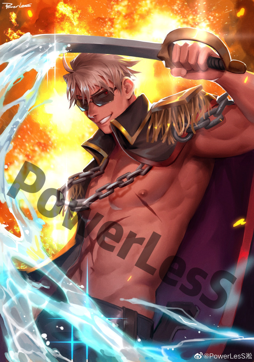 1boy abs absurdres bara bare_pectorals blonde_hair borrowed_character chains commission cryokinesis epaulettes eugene_kidd eyepatch grin highres holding holding_sword holding_weapon looking_at_viewer male_focus muscular muscular_male navel nipples no_shirt original pectorals pirate powerlesssong short_hair sideburns smile solo stomach sword watermark weapon