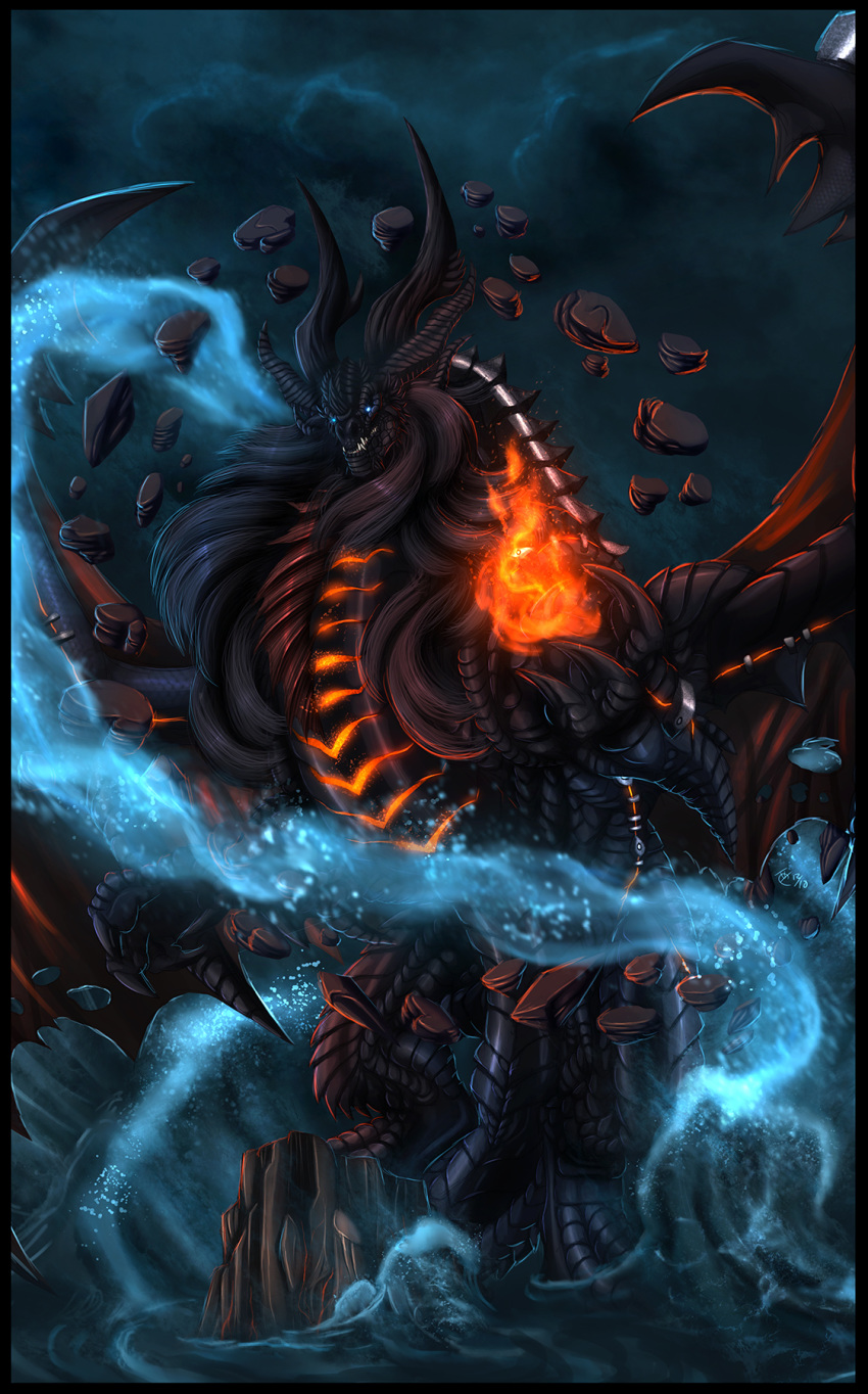 ambiguous_gender animal_genitalia black_border blizzard_entertainment blue_eyes border claws cloaca cloud dark_theme deathwing detailed_background digital_media_(artwork) digital_painting_(artwork) dragon fangs feral fire genitals ghostwalker2061 glistening glistening_body glistening_hair glowing glowing_eyes hair hi_res horn long_hair looking_at_viewer macro mythological_creature mythological_scalie mythology night orange_glow outside rock scalie shaded solo standing storm teeth vertical_cloaca warcraft water wings