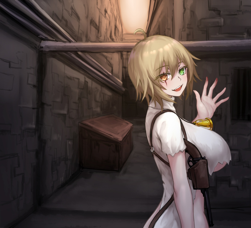 ahoge alley bell blonde_hair blood blush breasts brown_eyes building cafe_no_zombi-ko cafe_no_zombi-ko_(3rd_costume) chinese_commentary commentary_request dumpster female green_eyes gun hair_between_eyes heterochromia highres holstered large_breasts long_sleeves looking_at_viewer looking_to_the_side open_mouth project_upd8 shirt short_hair smile solo torn_clothes underboob upper_body virtual_youtuber weapon white_shirt yeklsa