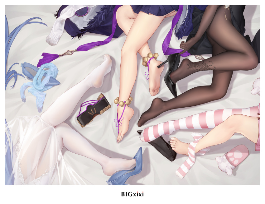 4girls animal_slippers artist_name azur_lane bare_legs barefoot bigxixi border chen_hai_(azur_lane) chen_hai_(vestibule_of_wonders)_(azur_lane) elbow_gloves feet foot_focus gloves head_out_of_frame high_heels highres kneepits laffey_(azur_lane) laffey_(sleep_to_clean_another_day)_(azur_lane) legs lower_body lying multiple_girls musashi_(azur_lane) nail_polish new_jersey_(azur_lane) new_jersey_(snow-white_ceremony)_(azur_lane) no_shoes on_side pantyhose paw_print sandals see-through shoes single_shoe single_thighhigh slippers soles striped_clothes striped_thighhighs thighhighs toenail_polish toenails toes unworn_sandals unworn_slippers unworn_thighhighs white_border white_pantyhose