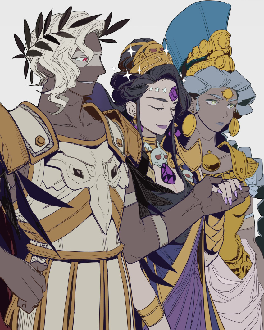 1boy 2girls ancient_greek_clothes ares_(hades) armor athena_(hades) black_hair blue_hair braid closed_eyes commentary dark-skinned_female dark-skinned_male dark_skin dress earrings gem greco-roman_clothes hades_(series) hades_1 helmet highres holding_hands jewelry laurel_crown mature_female mochimochimochi multiple_girls nyx_(hades) pale_skin purple_lips purple_nails red_eyes single_braid skull smile standing symbol-only_commentary white_hair yellow_eyes