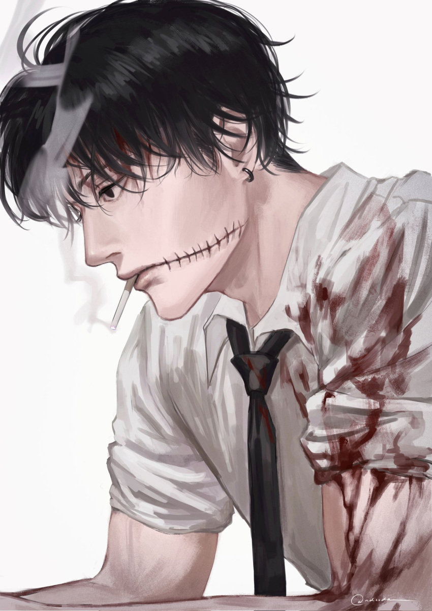 1boy black_hair black_necktie blood blood_on_arm blood_on_clothes blood_on_face chainsaw_man cigarette collared_shirt ear_piercing highres kishibe_(chainsaw_man) kishibe_(young)_(chainsaw_man) looking_to_the_side male_focus ndsoda necktie piercing shirt short_hair simple_background sleeves_rolled_up smoke smoking solo stitched_face stitches white_shirt