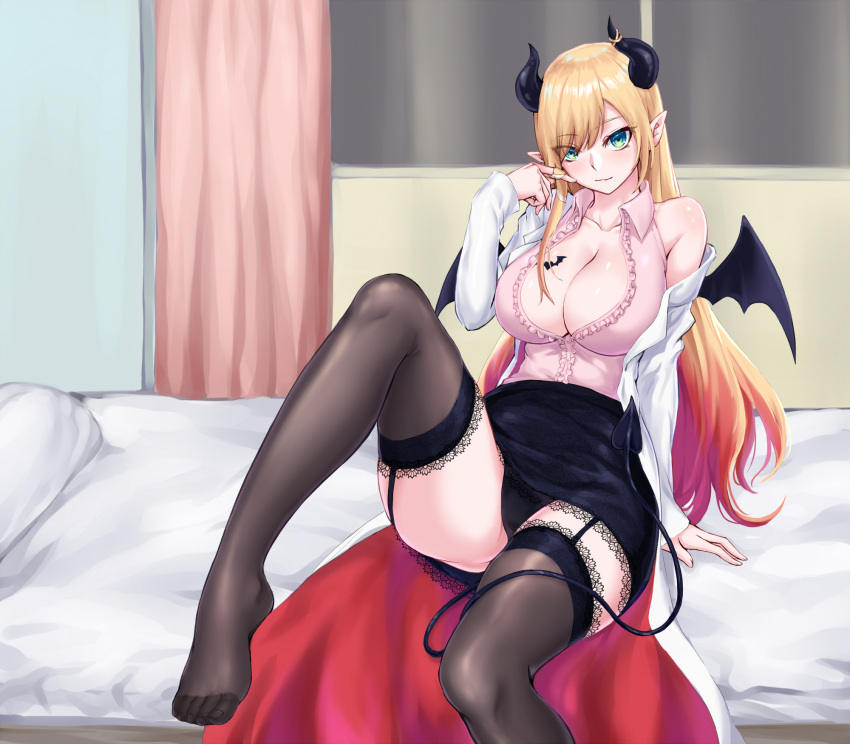 bed black_horns black_panties black_skirt black_thighhighs black_wings blonde_hair blush breast_tattoo breasts center_frills chinese_commentary cleavage closed_mouth coat collarbone collared_shirt commentary_request demon_girl demon_horns demon_tail demon_wings feet female foot_out_of_frame frilled_shirt frills garter_straps gradient_hair green_eyes heart heart_tattoo highres hololive horn_ornament horn_ring horns indoors lab_coat lace-trimmed_legwear lace-trimmed_skirt lace_trim large_breasts long_hair looking_at_viewer multicolored_hair no_shoes off_shoulder on_bed panties partial_commentary pink_hair pink_shirt pointy_ears shiny_skin shirt single_sidelock sitting skirt sleeveless sleeveless_shirt smile solo swept_bangs tail tattoo thighhighs underwear virtual_youtuber white_coat window winged_heart_tattoo wings yeklsa yuzuki_choco yuzuki_choco_(1st_costume)