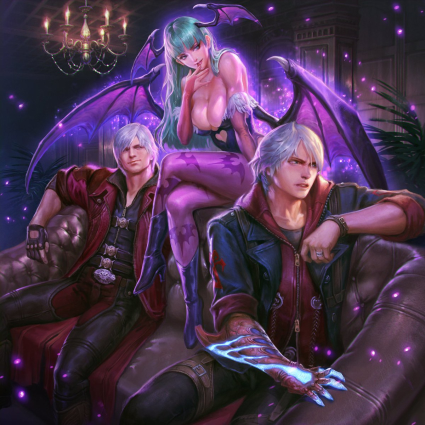 2boys animal_print aqua_hair aura bat_print blush breasts capcom chandelier claws cleavage company_connection couch crossed_legs crossover dante_(devil_may_cry) demon_girl devil_may_cry_(series) embarrassed female finger_to_mouth friendhaircut fur-trimmed_leotard fur_trim glowing green_hair head_wings highres jacket jewelry looking_at_another morrigan_aensland multiple_boys nero_(devil_may_cry) official_art pantyhose print_pantyhose ring short_hair sitting smile teppen vampire_(game) white_hair wings zipper