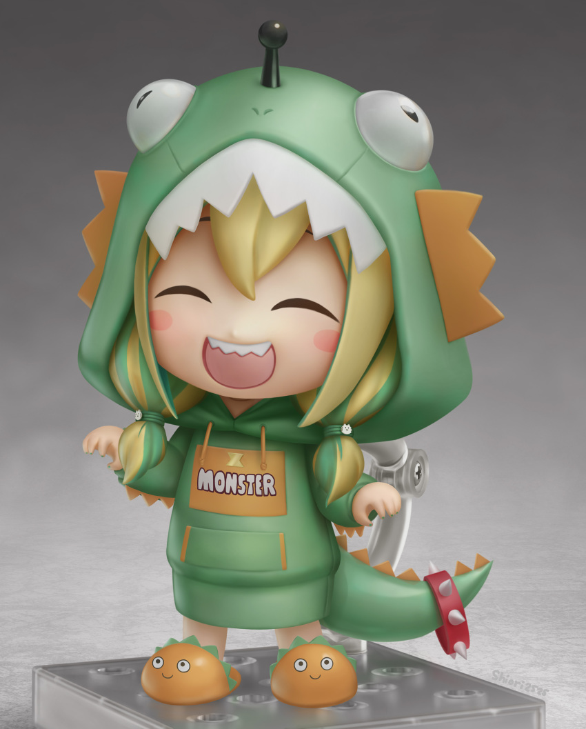 :d ^_^ absurdres amano_pikamee animal_hair_ornament artist_name blonde_hair blush_stickers bright_pupils chibi claw_pose closed_eyes commentary dinosaur_costume dinosaur_hood dinosaur_tail english_commentary faux_figurine female figure_stand full_body green_hair green_hoodie grey_background hands_up highres hood hoodie low_twintails multicolored_hair nendoroid official_alternate_costume sharp_teeth shiori2525 simple_background slippers smile solo streaked_hair tail teeth twintails two-tone_hair virtual_youtuber voms white_pupils