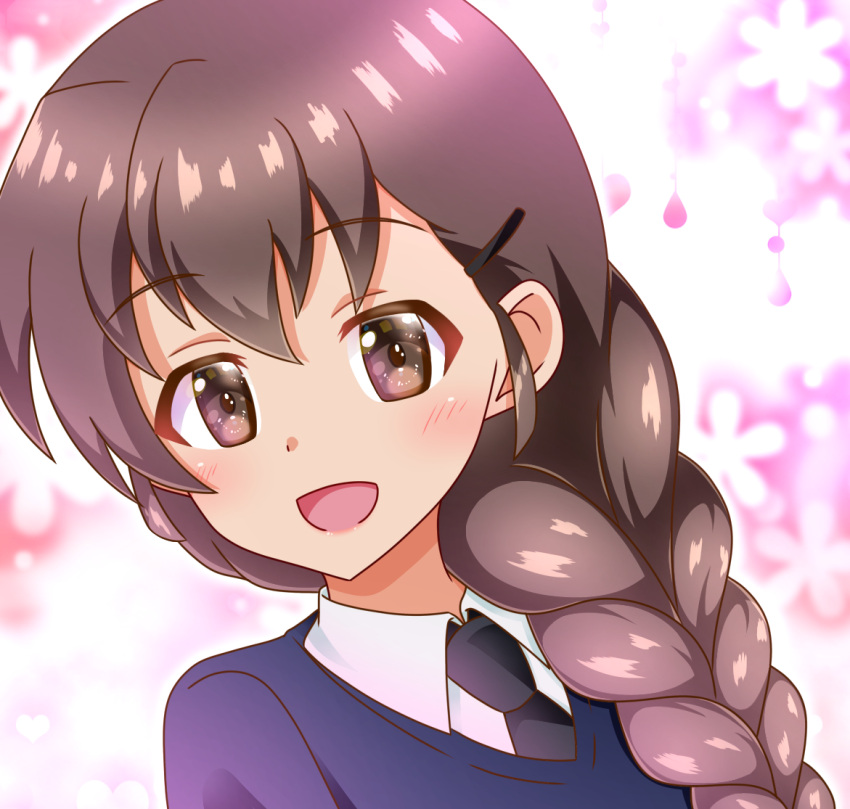 bad_id bad_pixiv_id blue_sweater braid braided_ponytail brown_eyes brown_hair commentary dress_shirt female girls_und_panzer hair_ornament hair_over_shoulder hairclip long_hair looking_at_viewer necktie open_mouth portrait rukuriri_(girls_und_panzer) school_uniform shirt single_braid smile solo st._gloriana's_school_uniform sweater tanutika v-neck white_shirt wing_collar