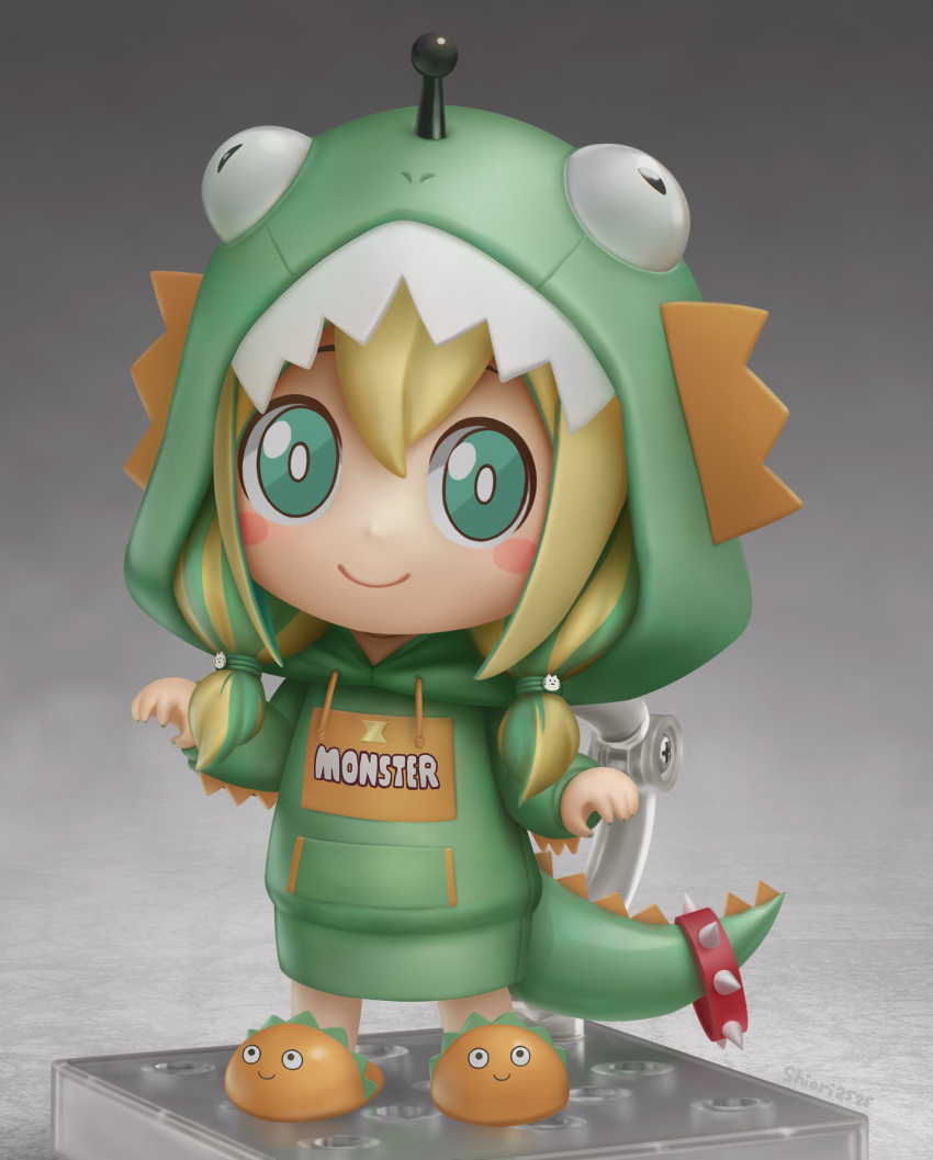 absurdres amano_pikamee animal_hair_ornament artist_name blonde_hair blush_stickers bright_pupils chibi claw_pose commentary dinosaur_costume dinosaur_hood dinosaur_tail english_commentary faux_figurine female figure_stand full_body green_eyes green_hair green_hoodie grey_background hands_up highres hood hoodie looking_at_viewer low_twintails multicolored_hair nendoroid official_alternate_costume shiori2525 simple_background slippers smile solo streaked_hair tail twintails two-tone_hair virtual_youtuber voms white_pupils