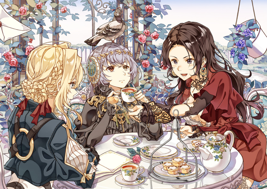 3girls :d animal_on_head bird bird_on_head black_clothes black_tea blonde_hair blue_eyes blush braid braided_bun breasts brown_eyes brown_hair cattleya_baudelaire cheese_kang circlet cleavage closed_mouth commentary cup double_bun dress earrings english_commentary eyes_visible_through_hair feeding flower food fork gloves grass grey_eyes grey_hair grey_jacket hair_between_eyes hair_bun hair_intakes hair_ribbon hanging_plant heterochromia holding holding_cup holding_fork holding_knife holding_pen jacket jewelry knife large_breasts long_hair long_sleeves looking_at_another looking_up lux_sibyl multiple_girls necklace on_head open_mouth parted_lips pen photoshop_(medium) pigeon pink_flower pink_rose plate pot puffy_long_sleeves puffy_sleeves purple_flower red_dress red_flower red_ribbon reflective_table ribbon rose saucer sitting sky smile spoon standing tart_(food) tea tea_party teacup teapot tiered_tray tray violet_evergarden violet_evergarden_(series)