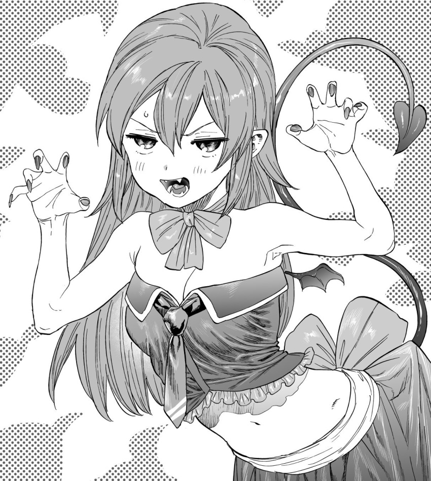 alternate_breast_size alternate_hairstyle bare_arms bare_shoulders bat_wings blush bow bowtie breasts bustier choker claw_pose cleavage collarbone commentary_request corset costume demon_tail dress fangs female fingernails greyscale hair_down halloween highres igarashi_futaba_(shiromanta) kimidake looking_at_viewer medium_breasts medium_hair midriff monochrome navel neck_ribbon open_mouth outstretched_hand paw_pose pointy_ears ribbon ribbon_choker senpai_ga_uzai_kouhai_no_hanashi sharp_fingernails sleeveless solo tail vampire vampire_costume wings