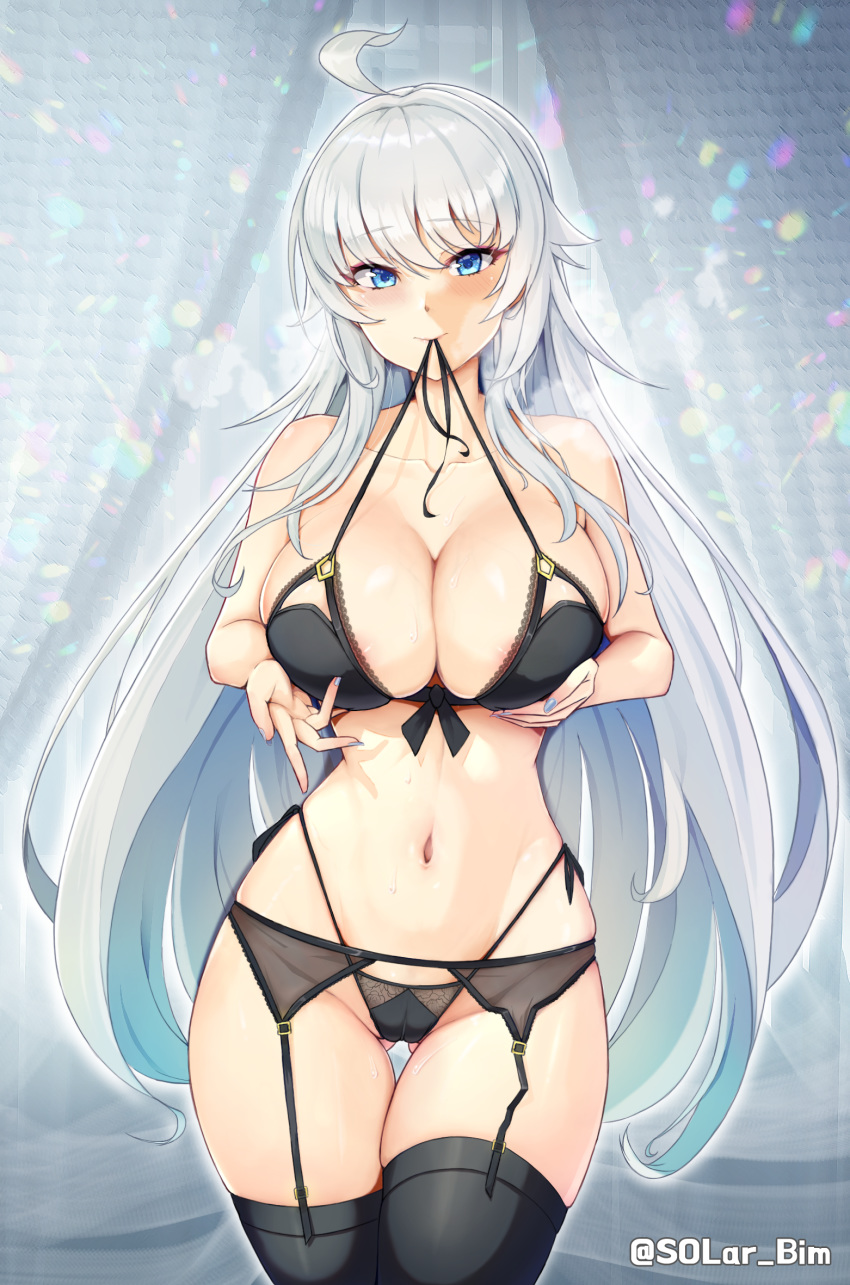 ahoge areola_slip ass_visible_through_thighs black_bra black_panties black_thighhighs blue_eyes blue_nails blush bra breast_hold breasts cameltoe cleavage closed_mouth collarbone commentary_request cowboy_shot female front-tie_bra g-string garter_belt grey_hair highleg highleg_panties highres large_breasts long_hair looking_at_viewer md5_mismatch mouth_hold nail_polish navel original panties shelf_bra side-tie_panties skindentation smile solar_(happymonk) solo standing stomach string_bra string_panties sweat thighhighs thighs thong twitter_username underwear underwear_only