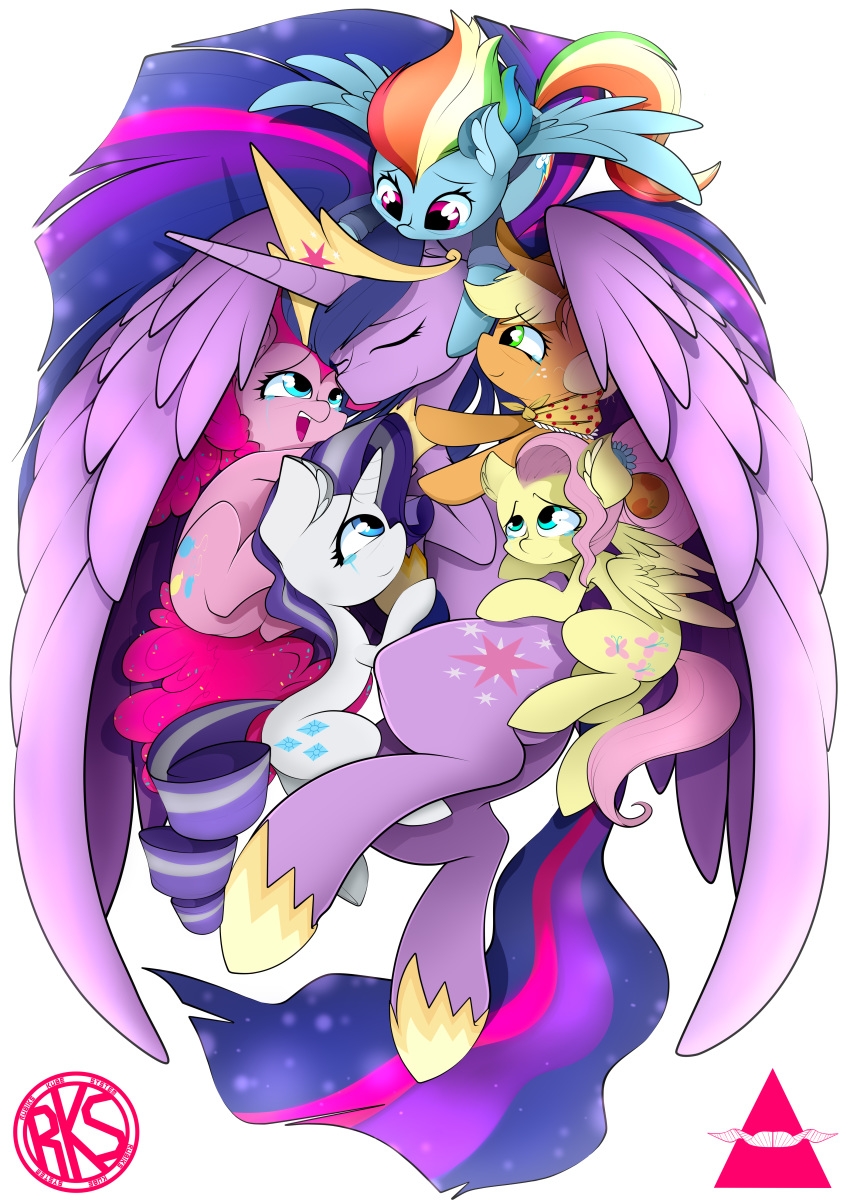 2019 absurd_res ahekao alicorn applejack_(mlp) blonde_hair cape clothing earth_pony emotional equid equine feathered_wings feathers female feral fluttershy_(mlp) friendship_is_magic group hair hasbro hi_res horn horse hug mammal mane_six_(mlp) multicolored_hair my_little_pony mythological_creature mythological_equine mythology pinkie_pie_(mlp) pony rainbow_dash_(mlp) rainbow_hair rarity_(mlp) simple_background smile twilight_sparkle_(mlp) unicorn white_background wings