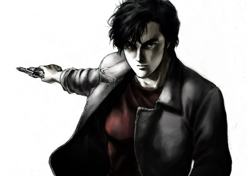 1boy absurdres aiming bad_id bad_pixiv_id city_hunter closed_mouth commentary_request grey_jacket greyscale gun handgun highres holding holding_gun holding_weapon jacket lips looking_at_viewer male_focus messy_hair monochrome perspective red_shirt saeba_ryou serious shadow shirt short_hair simple_background smith_&_wesson solo spot_color t-shirt thick_eyebrows uirina upper_body weapon white_background